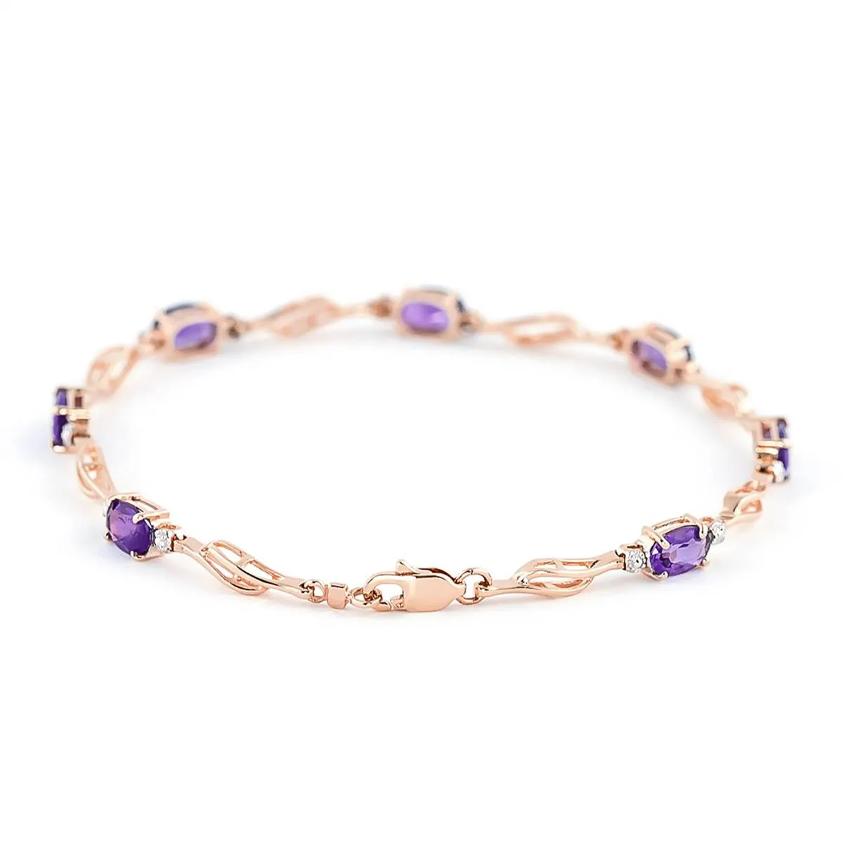 14K Solid Rose Gold Tennis Bracelet w/ Amethysts & Diamonds