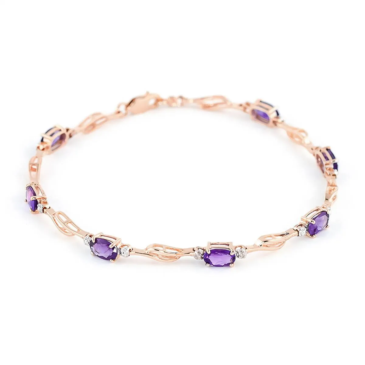 14K Solid Rose Gold Tennis Bracelet w/ Amethysts & Diamonds