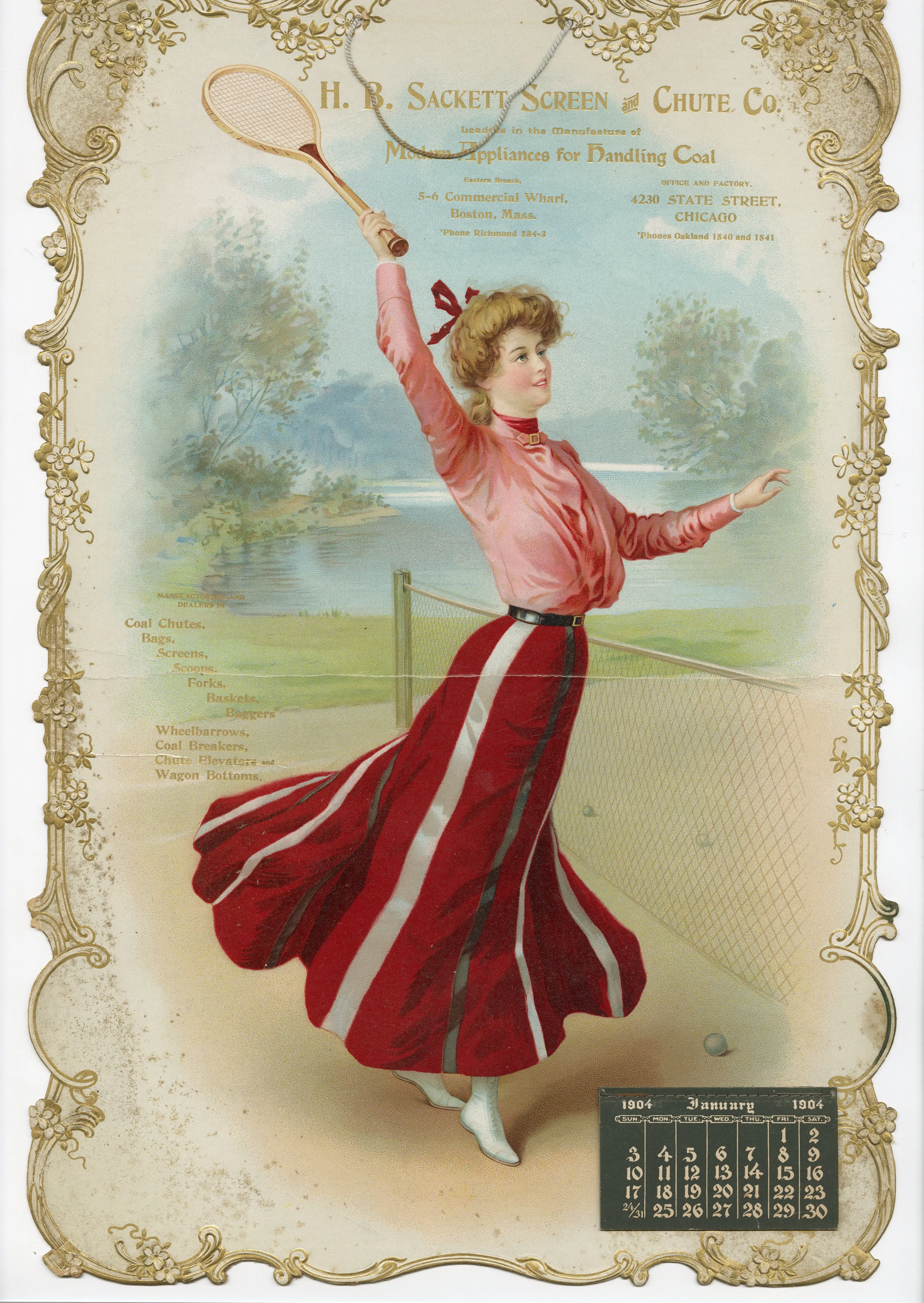 1904 Sackett Screen and Chute Company Die-Cut Advertising Calendar, Modern Woman Tennis Player