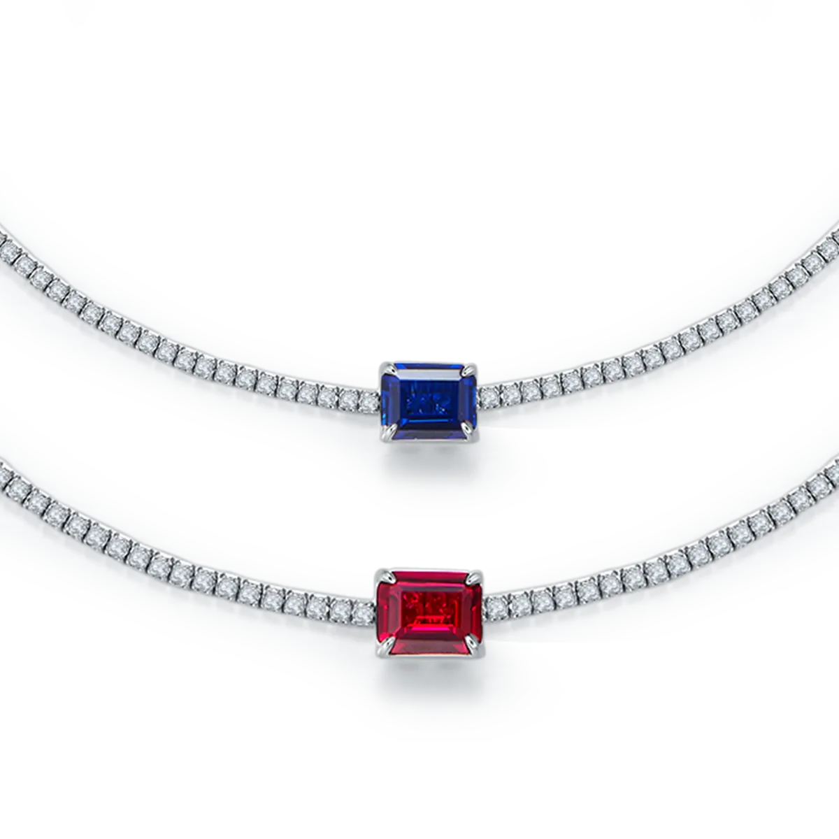 4.0 Carat Rectangular Lab-Grown Sapphire and Ruby Tennis Necklace in S925 Silver and Platinum Finish