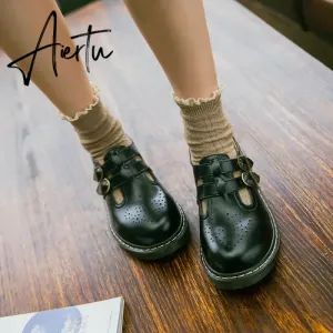 Aiertu Women Flats British Style Oxford Shoes Women Autumn Soft Leather Casual Maid Shoes Retro Buckle Flats Dress Shoes for Women