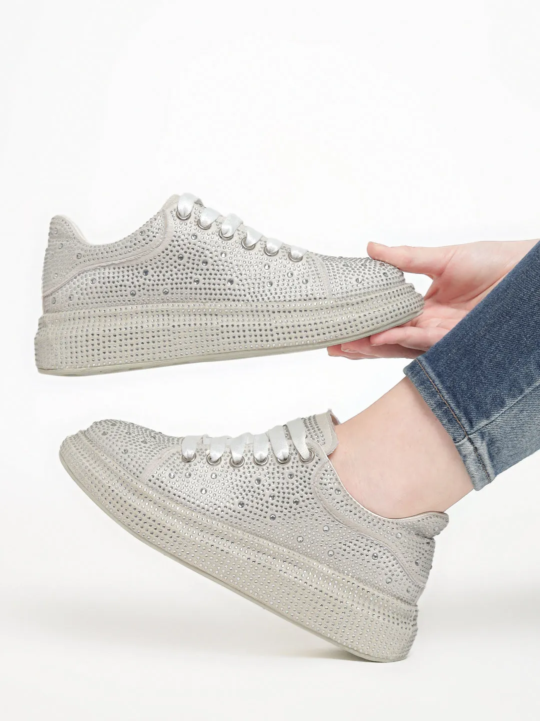 Beige Diamante Embellished Lace-Up Sneakers (TC-RS3653-BEIG)