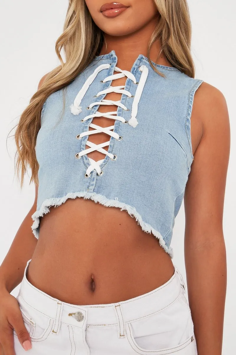 Blue Lace Up Denim Crop Top - Floyd