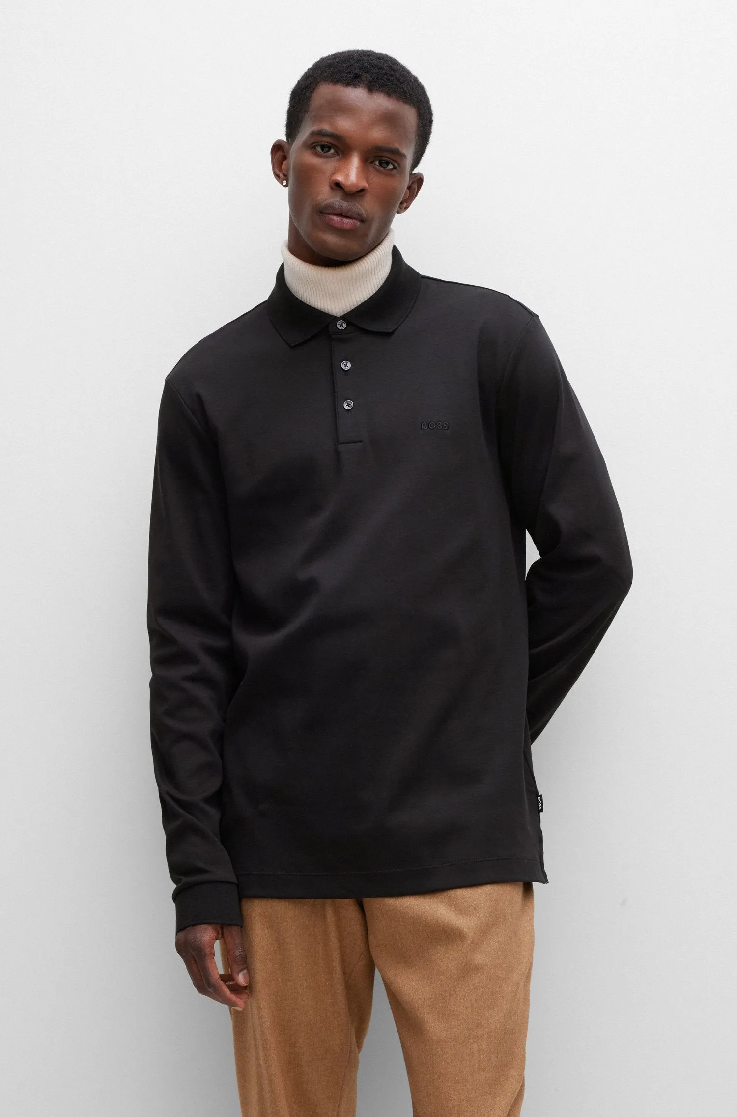 BOSS Pado 30 Long Sleeve Polo Shirt in Black