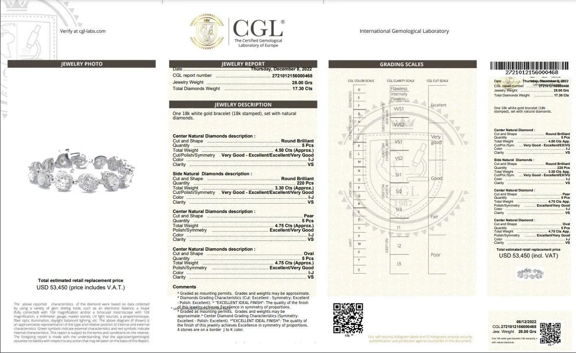 Certified 17.30CT Round, Pear, and Oval cut Diamond Bracelet in 18KT White Gold
