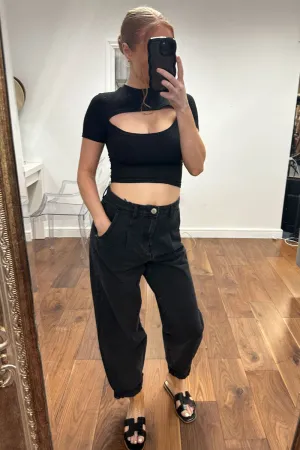 Charcoal High Waist Turn Up Hem Mom Jeans - Karolina