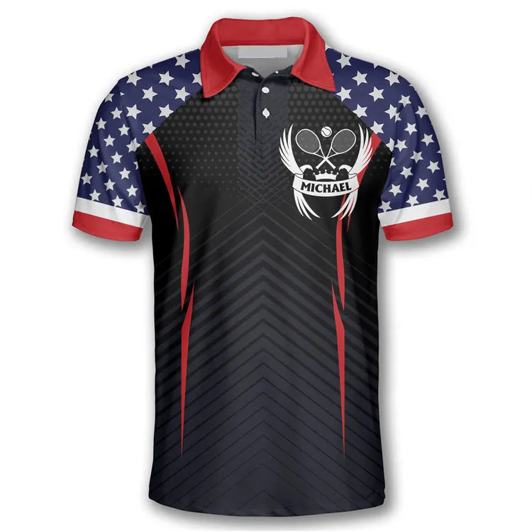 Coolspod Tennis Eagle American Flag Customized Name 3D All Over Printed Polo Shirt