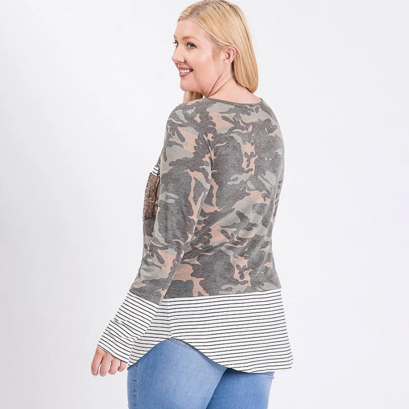 Curve Sule Striped Hem Pocket Top Army