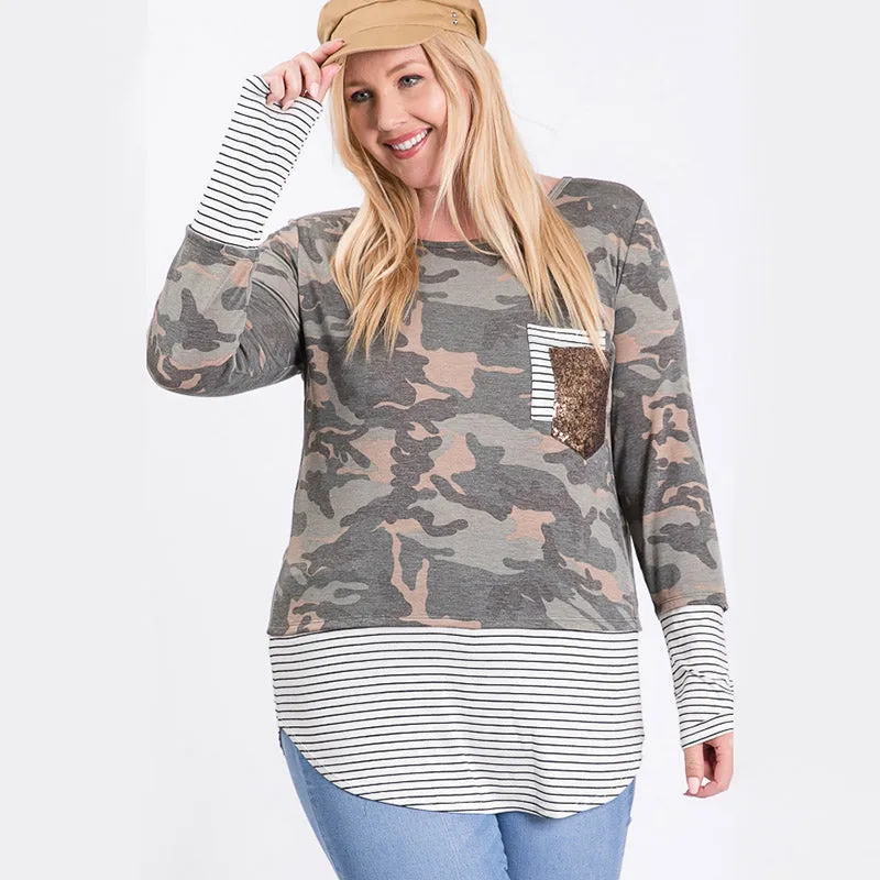 Curve Sule Striped Hem Pocket Top Army