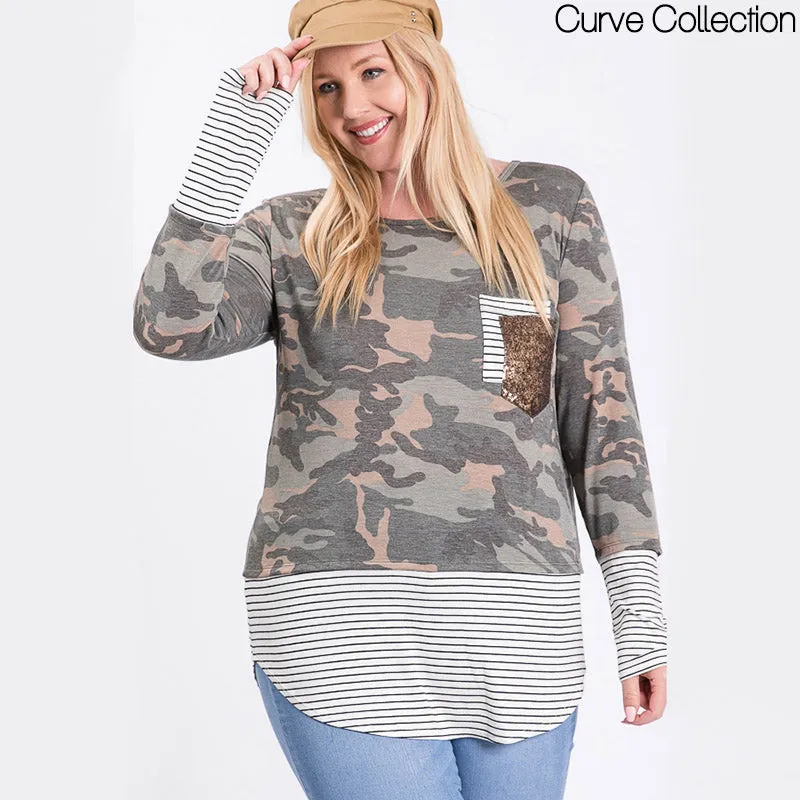 Curve Sule Striped Hem Pocket Top Army