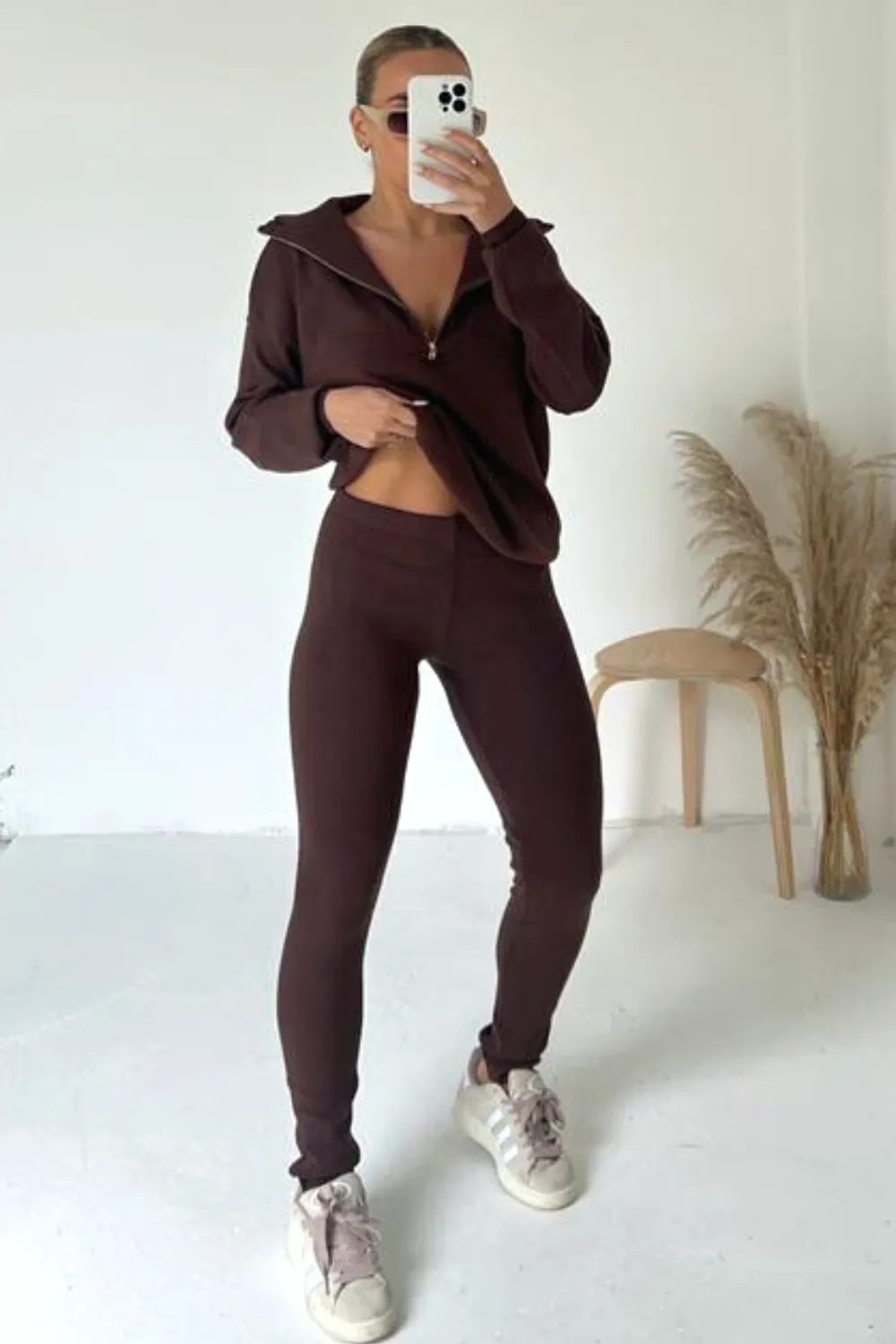 Delilah chocolate 1/4 zip knitted sweater loungewear set