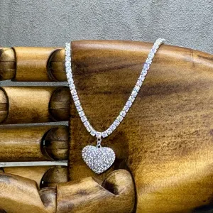 Fine Sterling Silver Cubic Zirconia Tennis Necklace With Pave Heart Charm