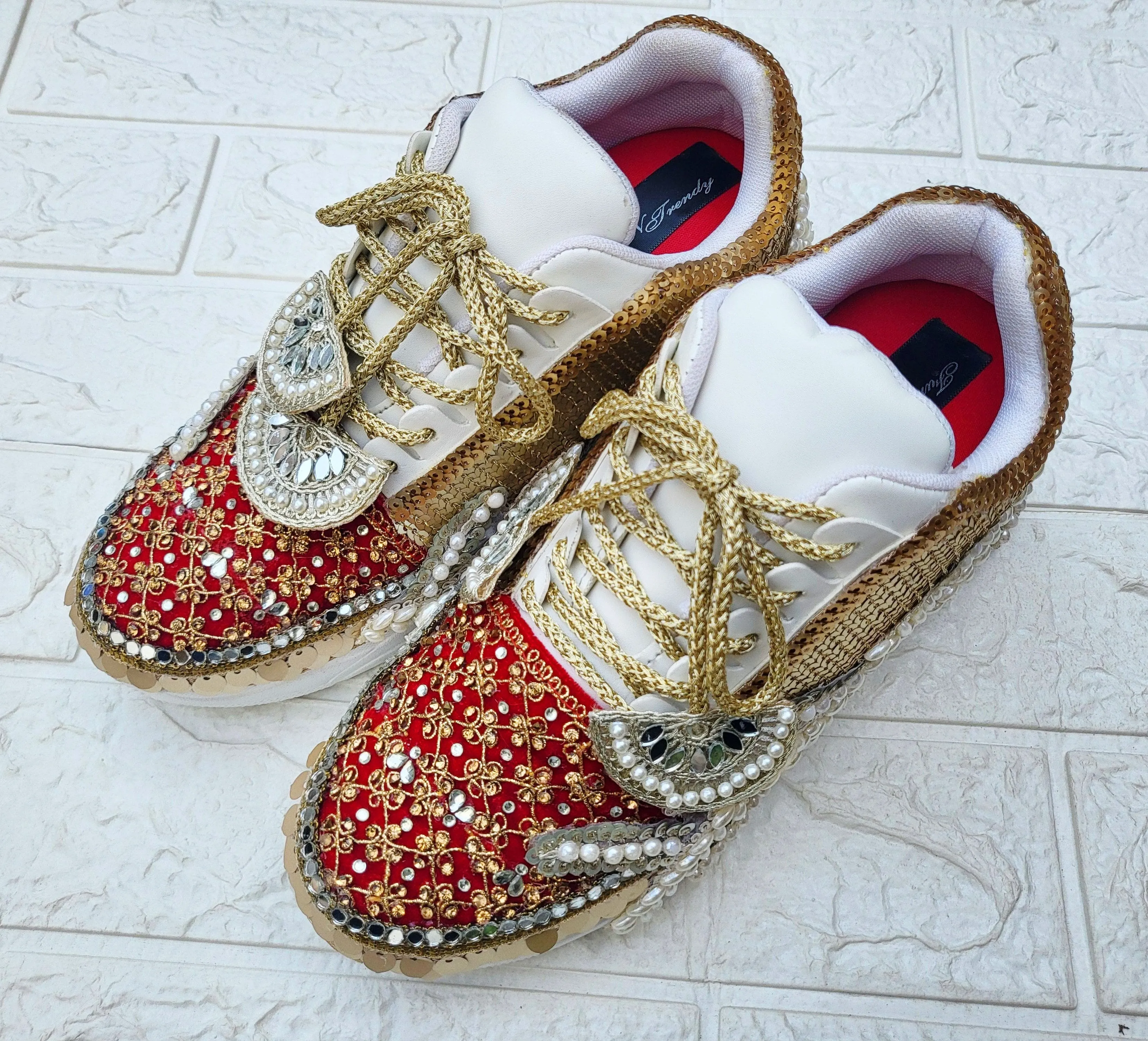 FUNKY N TRENDY red sneakers for brides /bridesmaids / sneakers for bridesmaids/ handcrafted sneakers/ mirror sneakers / bridal sneakers / bridesmaid sneakers/ gold sneakers / red sneakers/  sneakers/red shoes