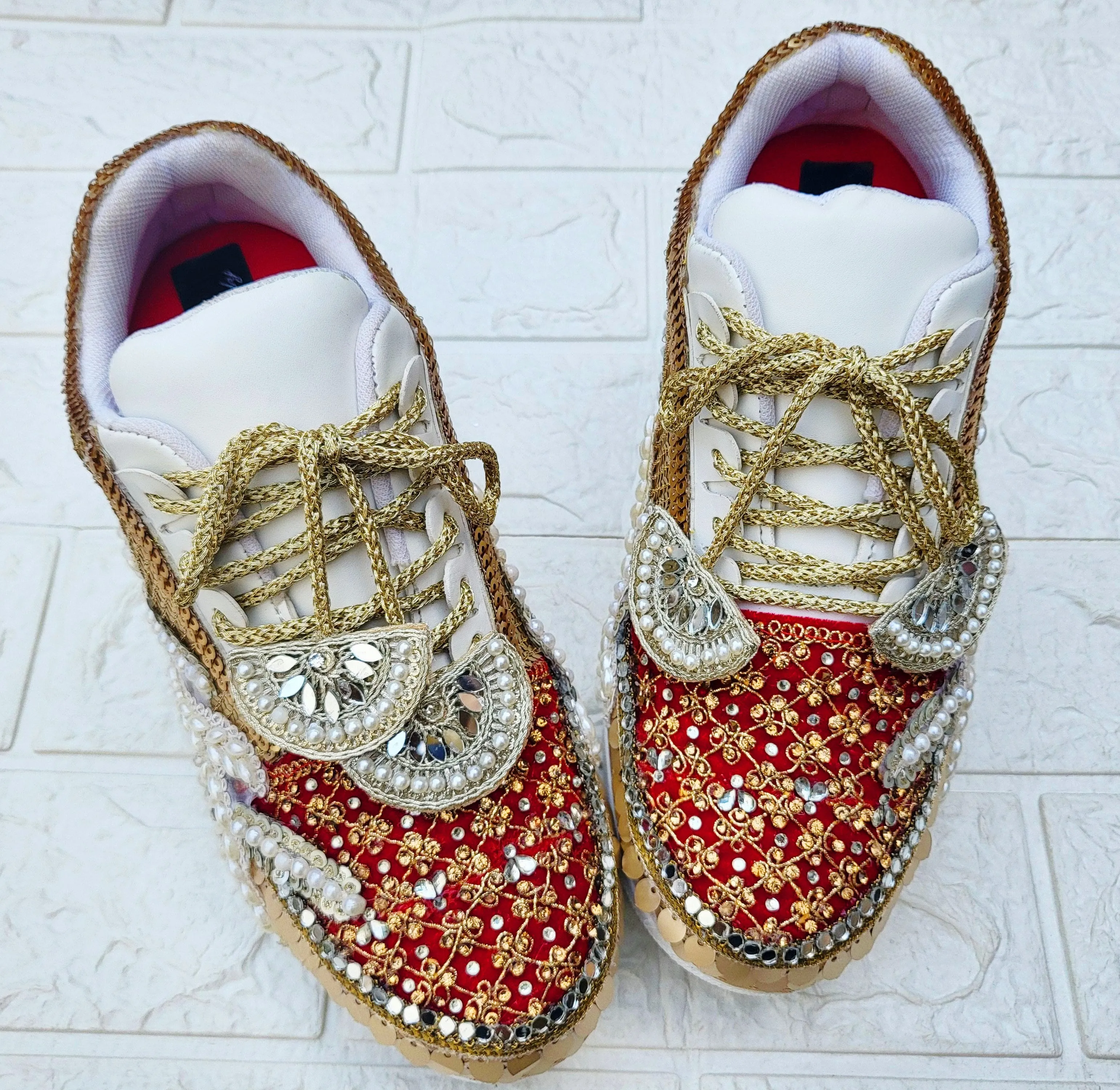 FUNKY N TRENDY red sneakers for brides /bridesmaids / sneakers for bridesmaids/ handcrafted sneakers/ mirror sneakers / bridal sneakers / bridesmaid sneakers/ gold sneakers / red sneakers/  sneakers/red shoes