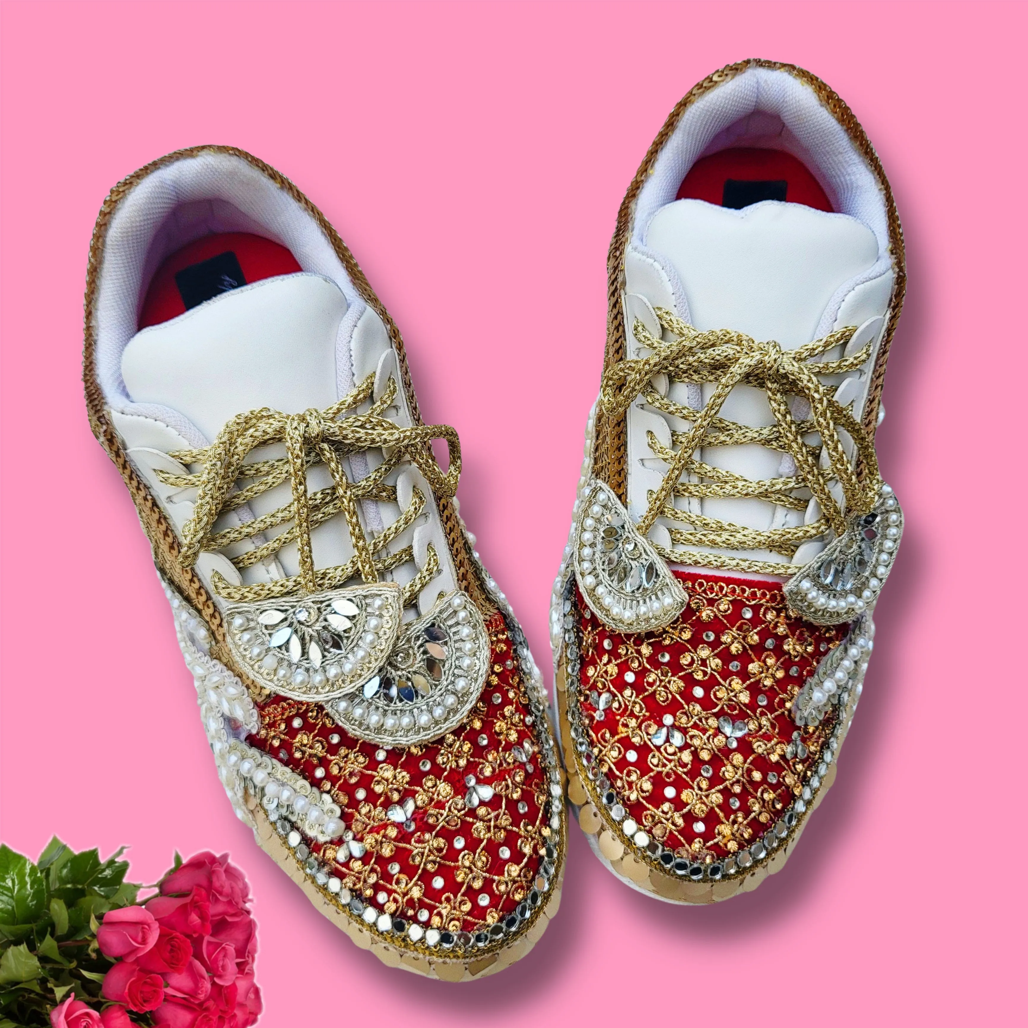 FUNKY N TRENDY red sneakers for brides /bridesmaids / sneakers for bridesmaids/ handcrafted sneakers/ mirror sneakers / bridal sneakers / bridesmaid sneakers/ gold sneakers / red sneakers/  sneakers/red shoes