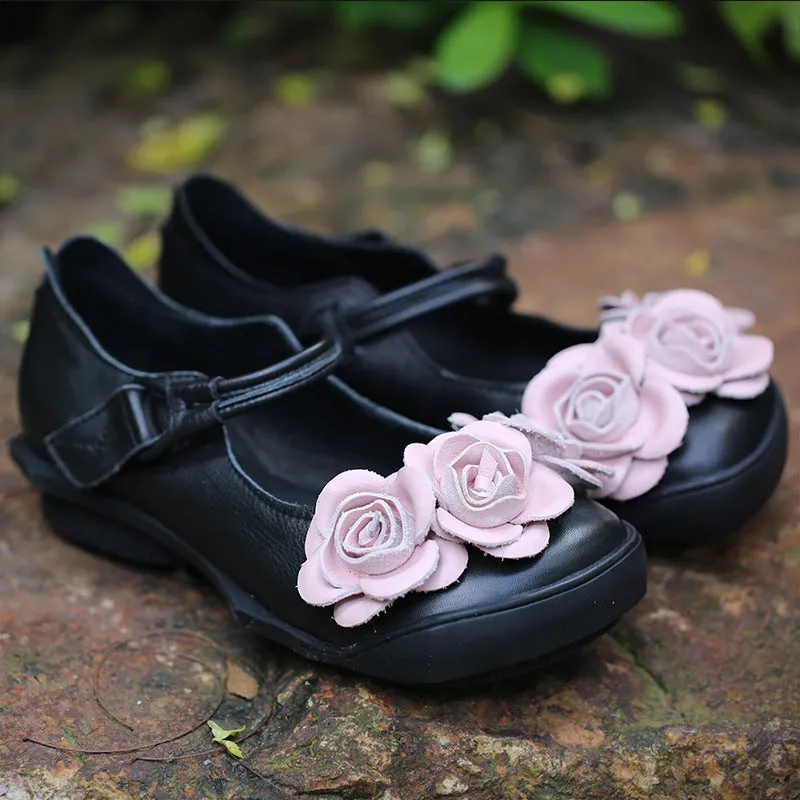 Handmade Flower Retro Leather Flats Black