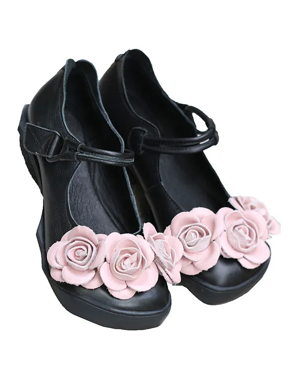 Handmade Flower Retro Leather Flats Black