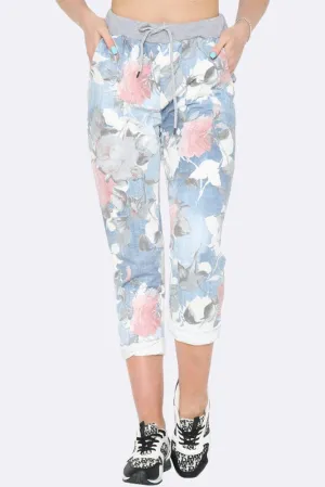 Italian Drawstring Waist Denim Floral Print Trousers