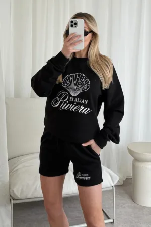 Italian Riviera black shell embroidered sweater shorts loungewear