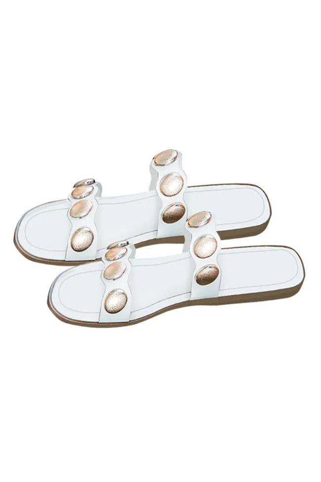 Mira Beige and White Embellished Slides FINAL SALE