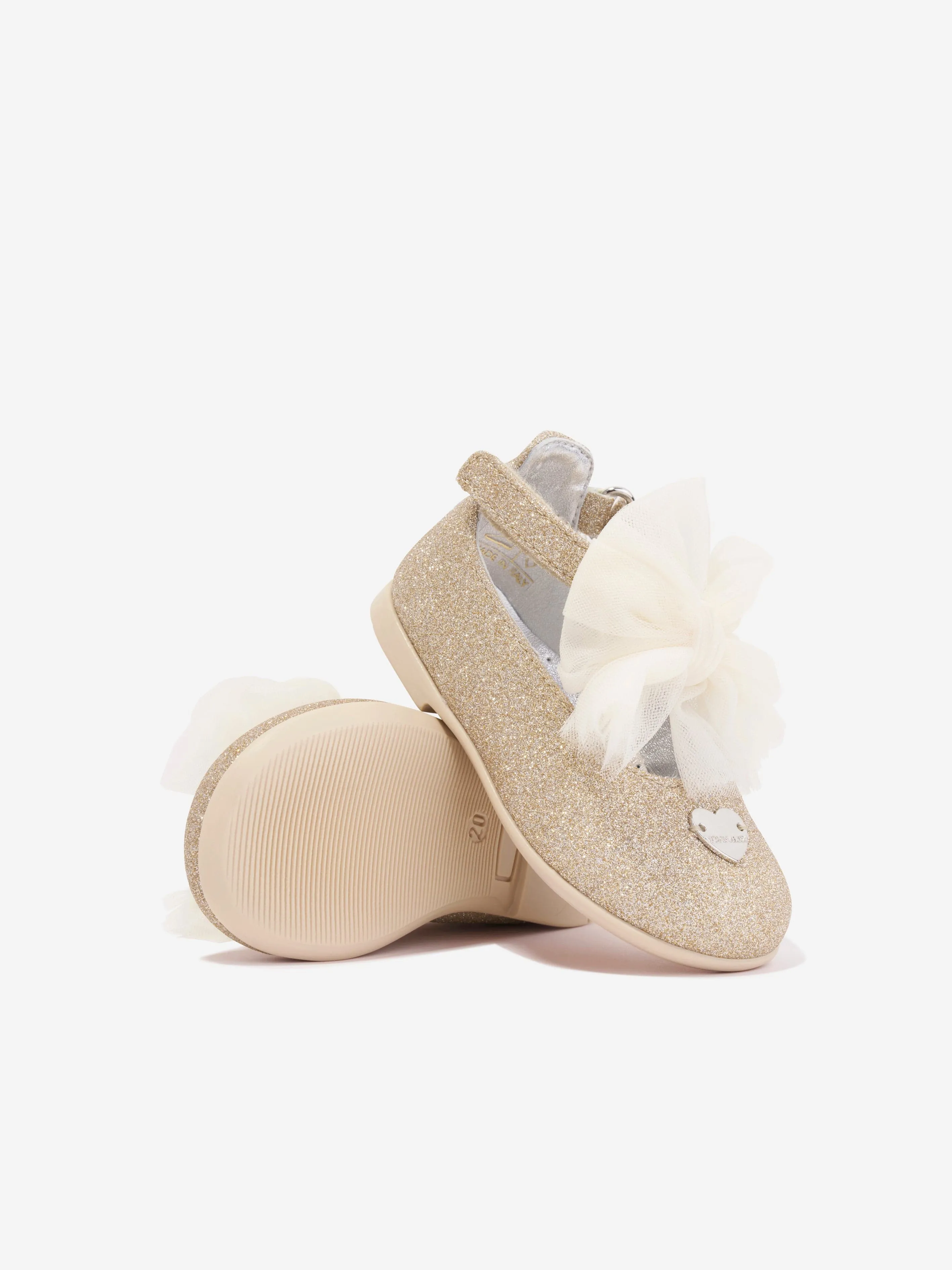 Monnalisa Girls Tulle Bow Glitter Ballerina Shoes in Gold