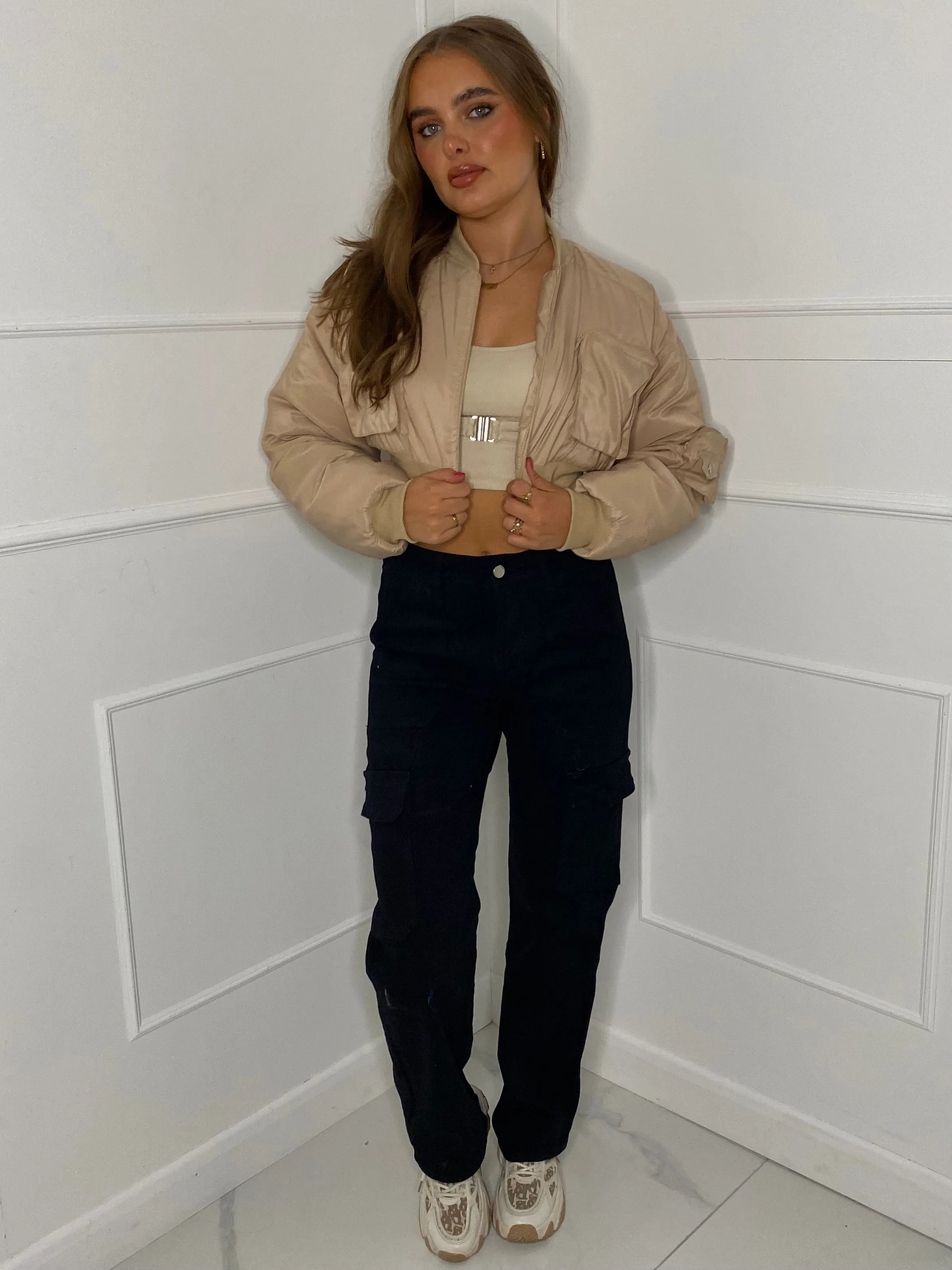 Pocket Detail Cropped Padded Bomber Jacket - Beige