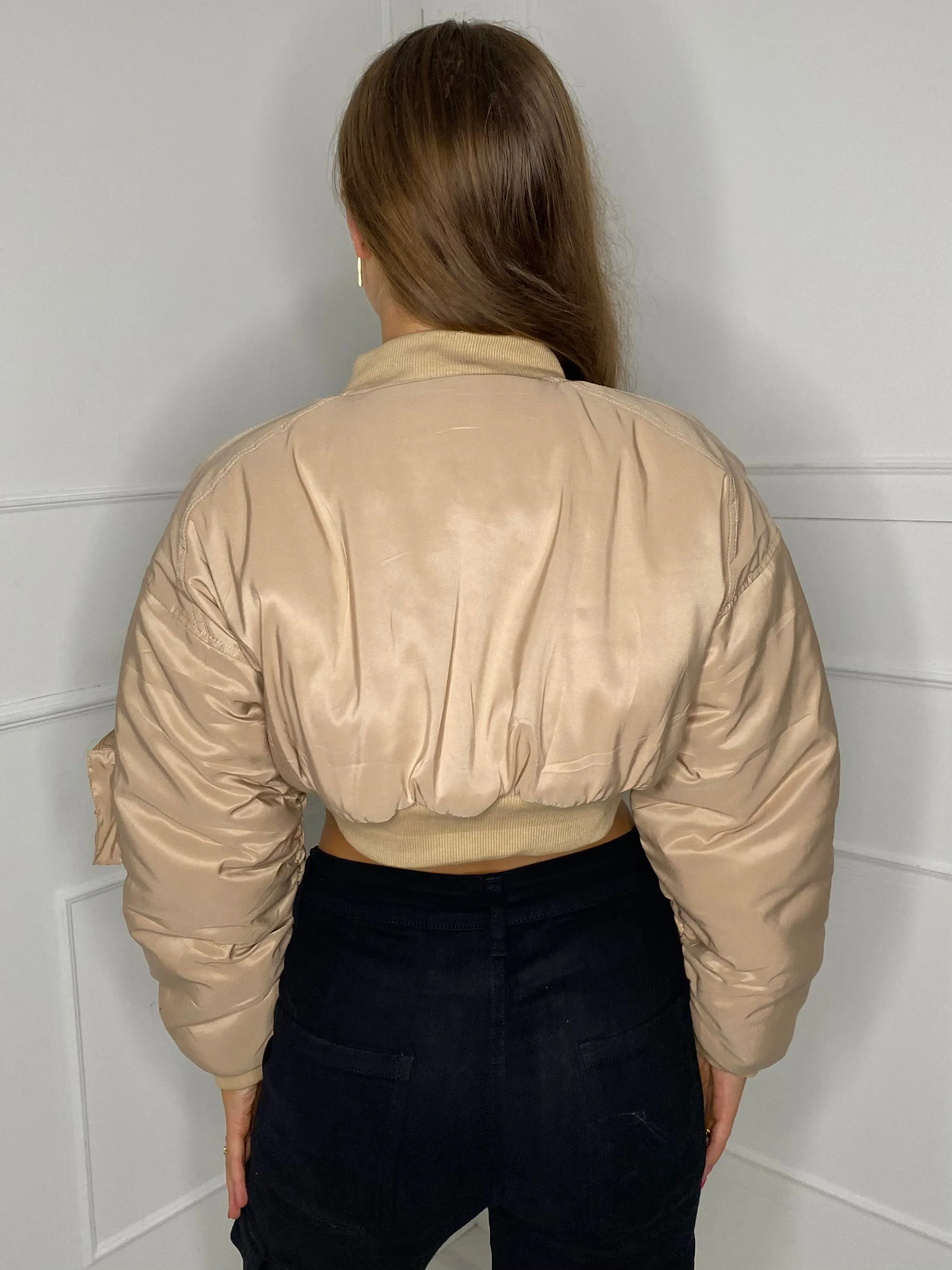 Pocket Detail Cropped Padded Bomber Jacket - Beige