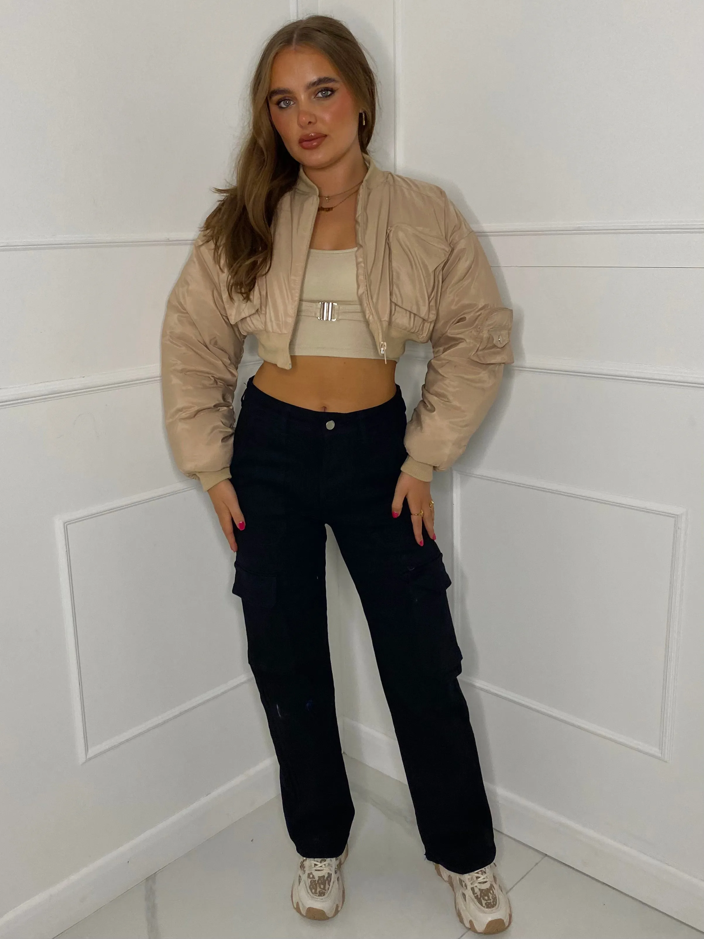 Pocket Detail Cropped Padded Bomber Jacket - Beige