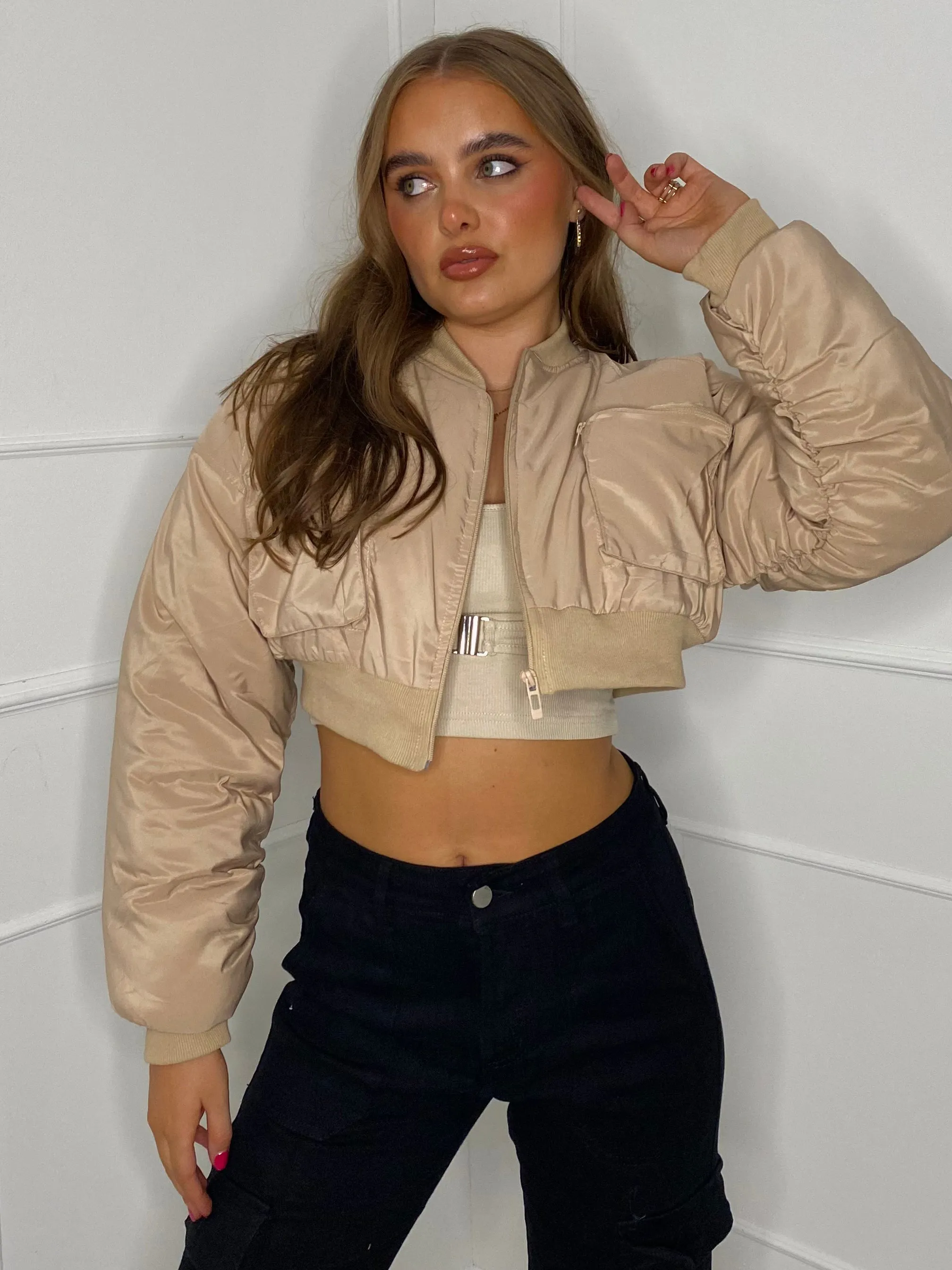 Pocket Detail Cropped Padded Bomber Jacket - Beige