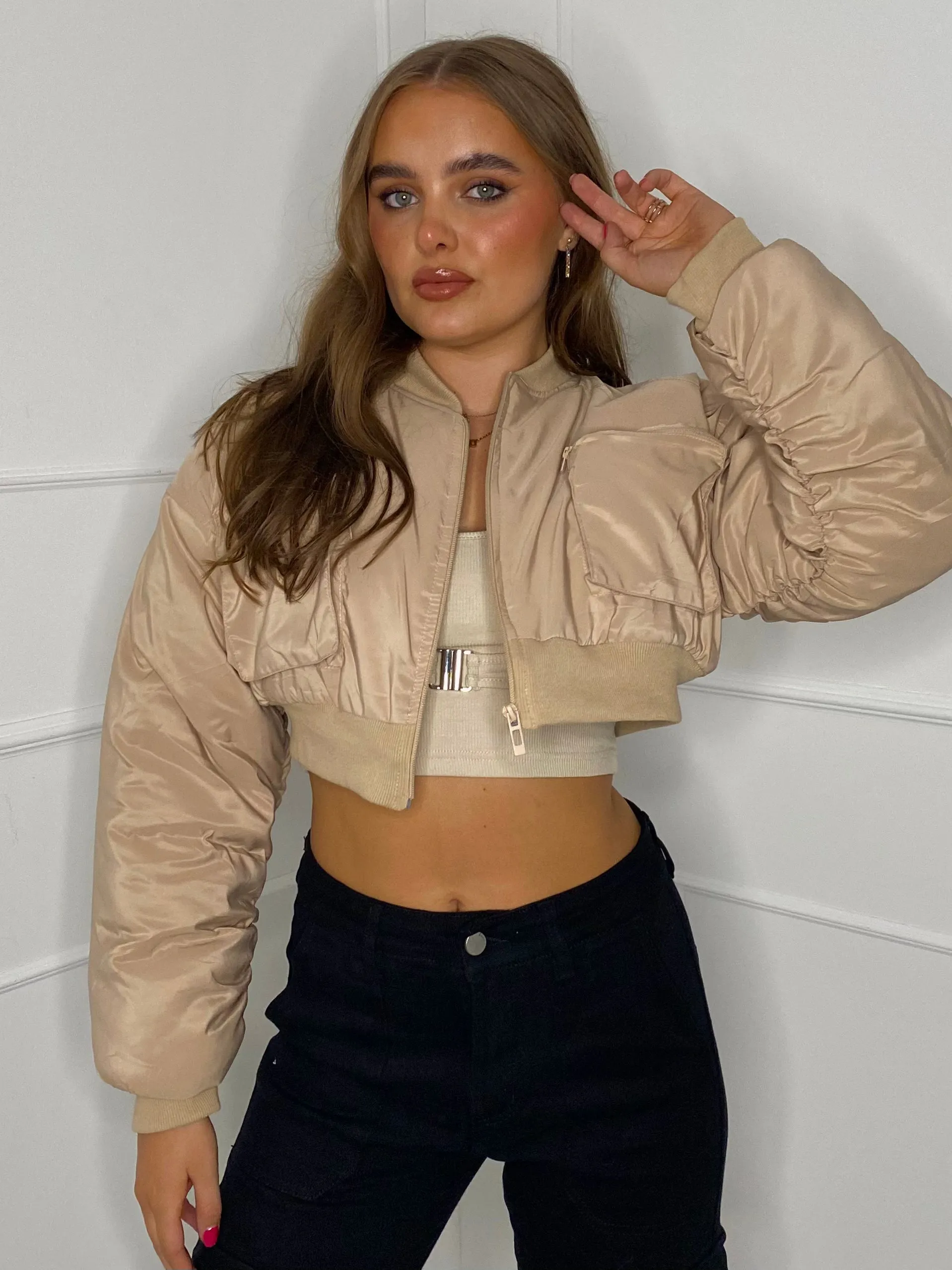 Pocket Detail Cropped Padded Bomber Jacket - Beige