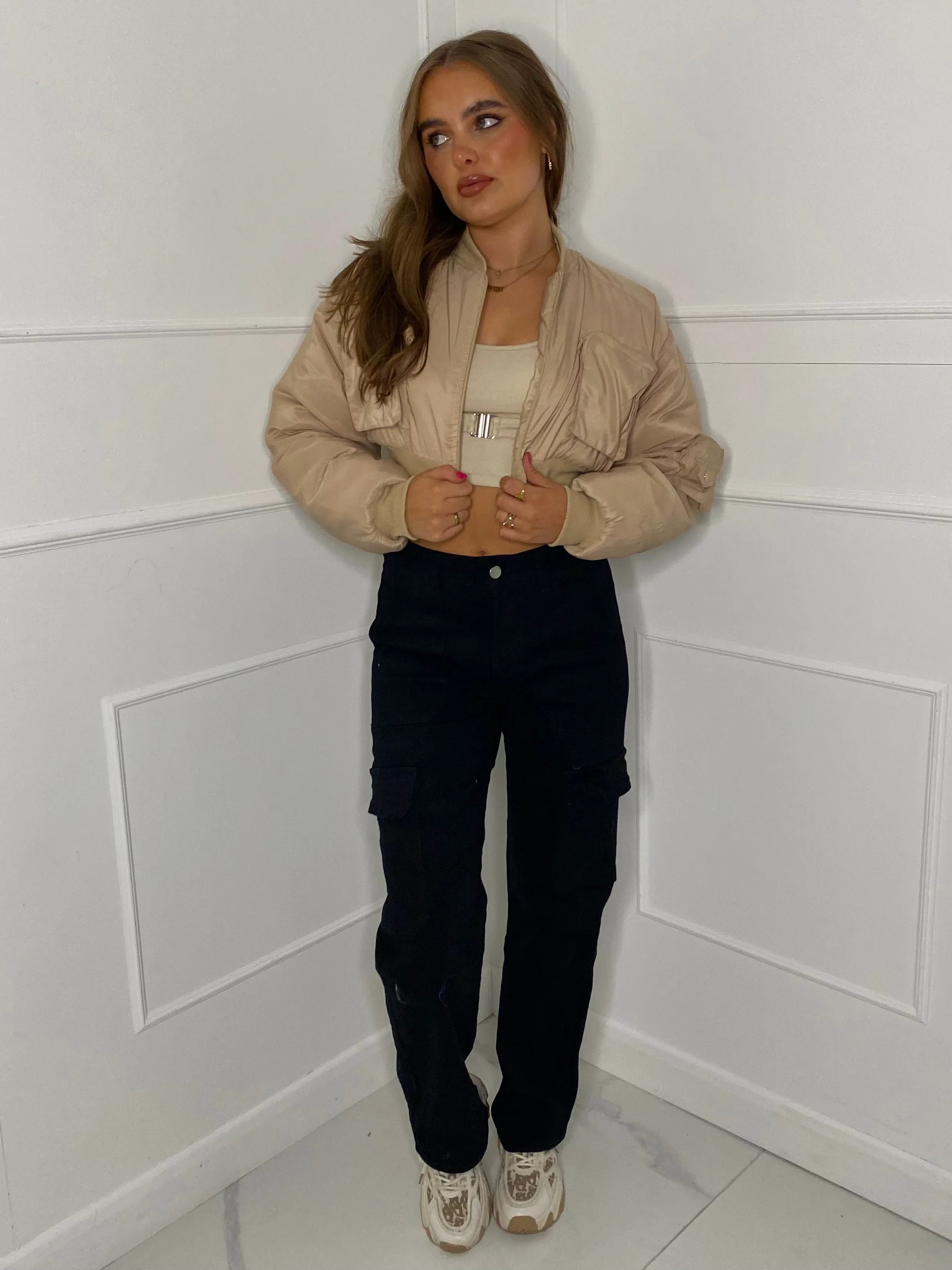 Pocket Detail Cropped Padded Bomber Jacket - Beige