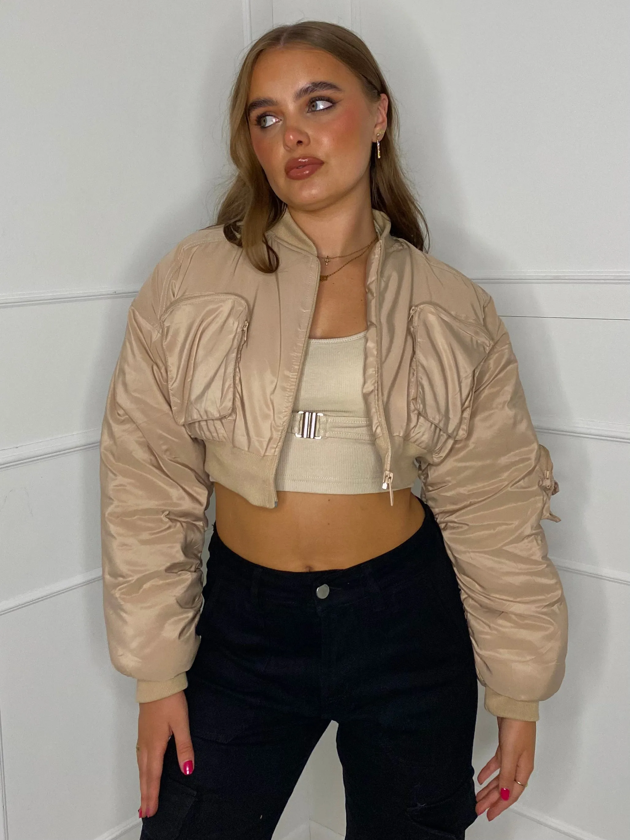 Pocket Detail Cropped Padded Bomber Jacket - Beige