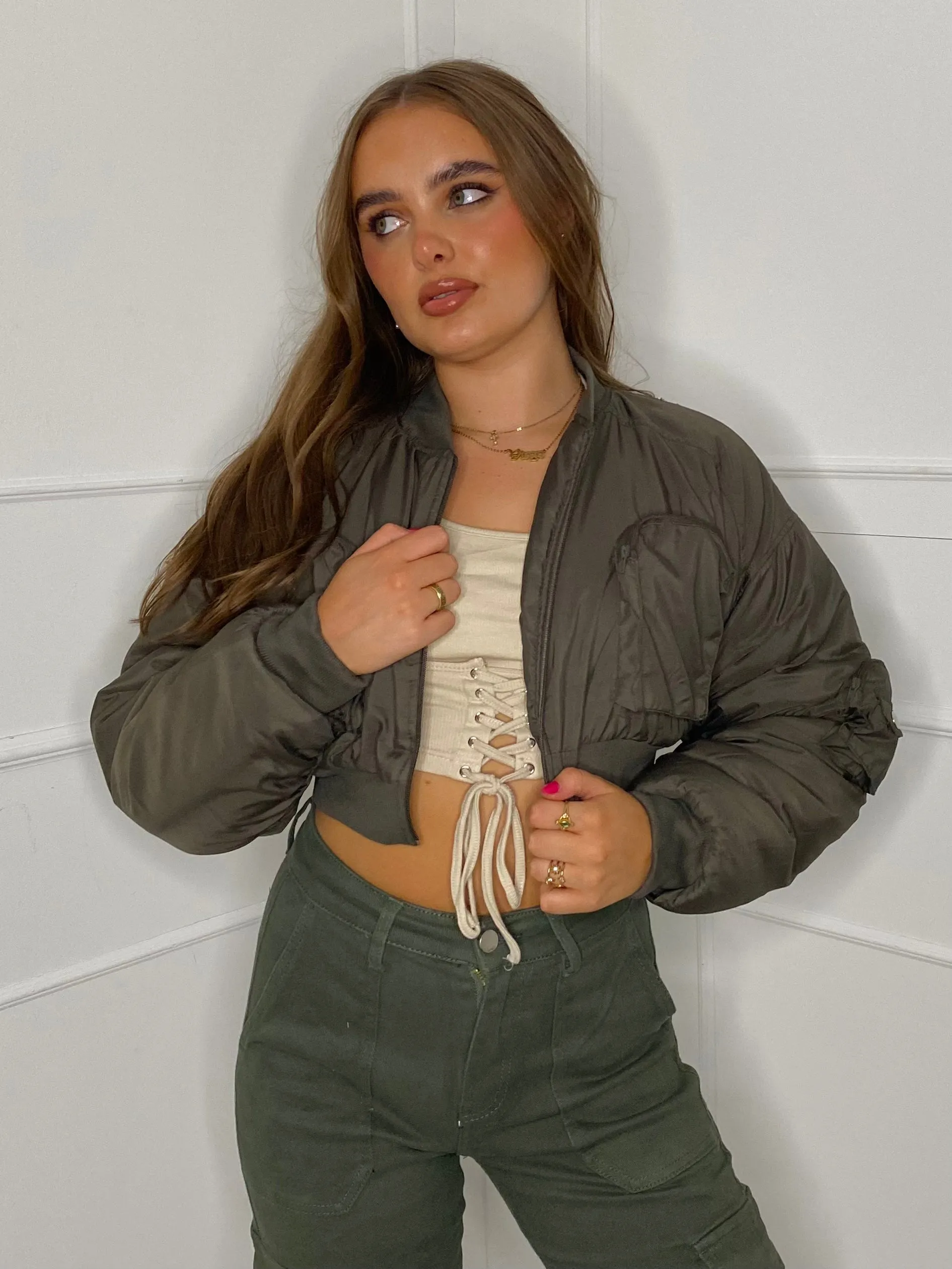 Pocket Detail Cropped Padded Bomber Jacket - Khaki