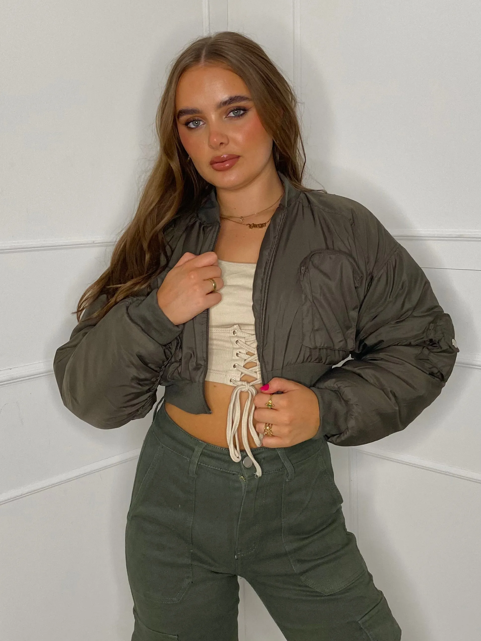 Pocket Detail Cropped Padded Bomber Jacket - Khaki