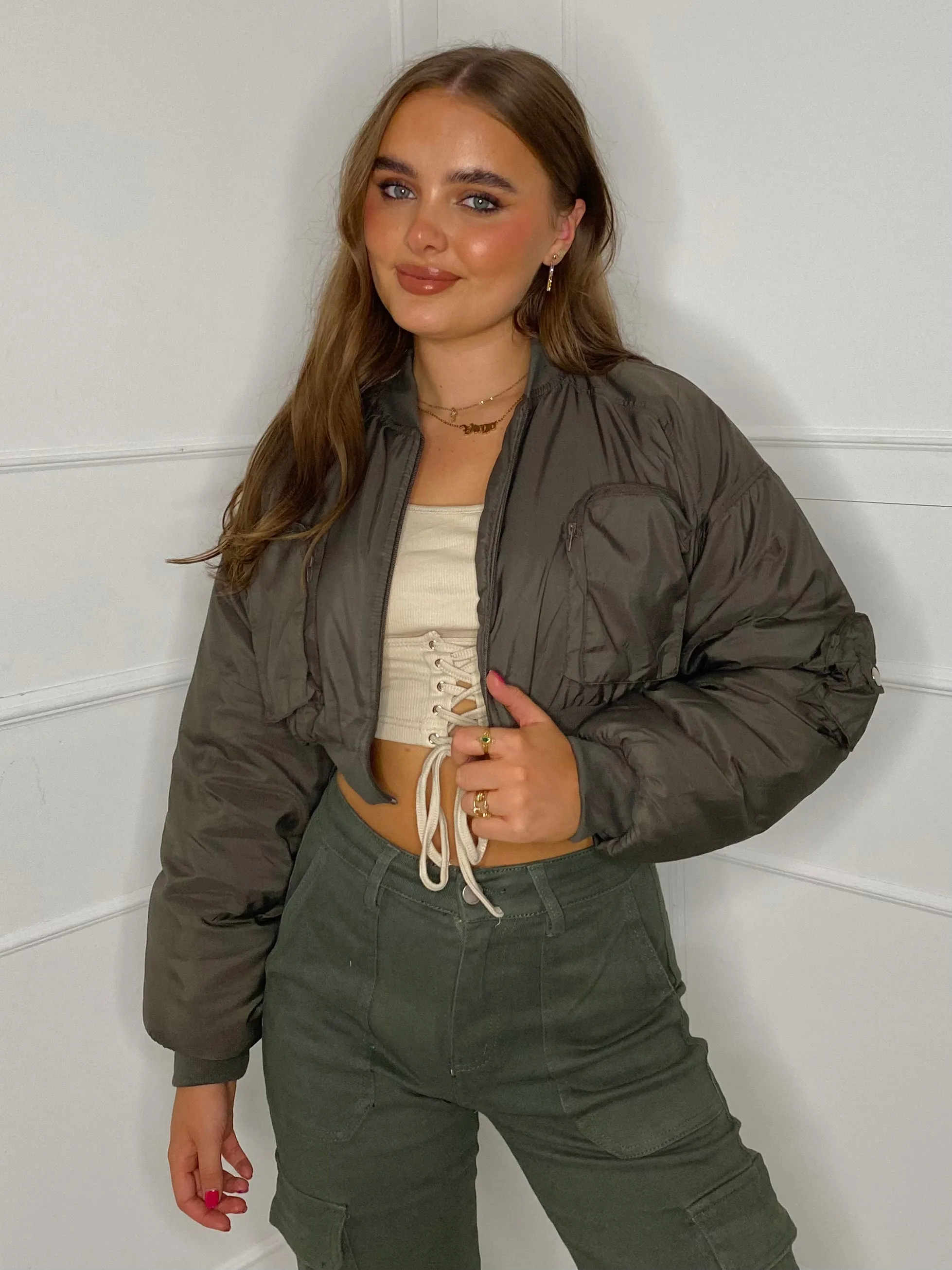 Pocket Detail Cropped Padded Bomber Jacket - Khaki