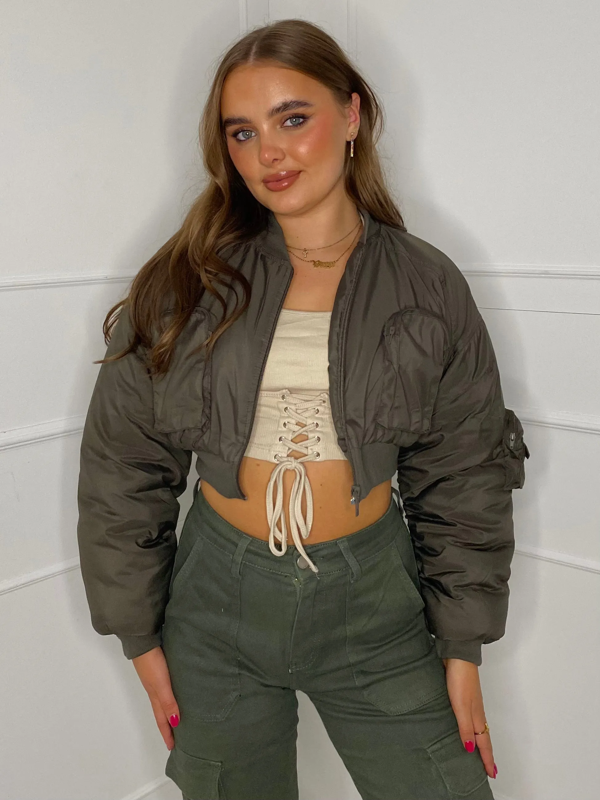 Pocket Detail Cropped Padded Bomber Jacket - Khaki