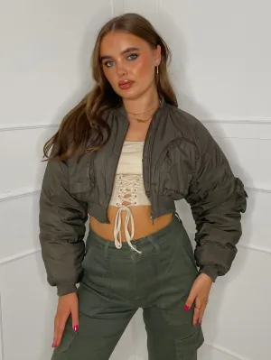 Pocket Detail Cropped Padded Bomber Jacket - Khaki