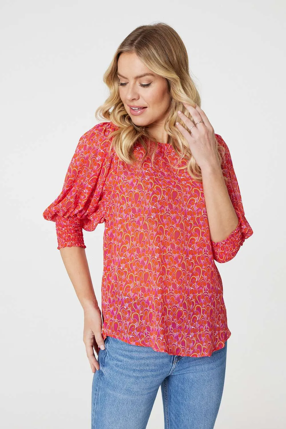 Printed 3/4 Puff Sleeve Blouse