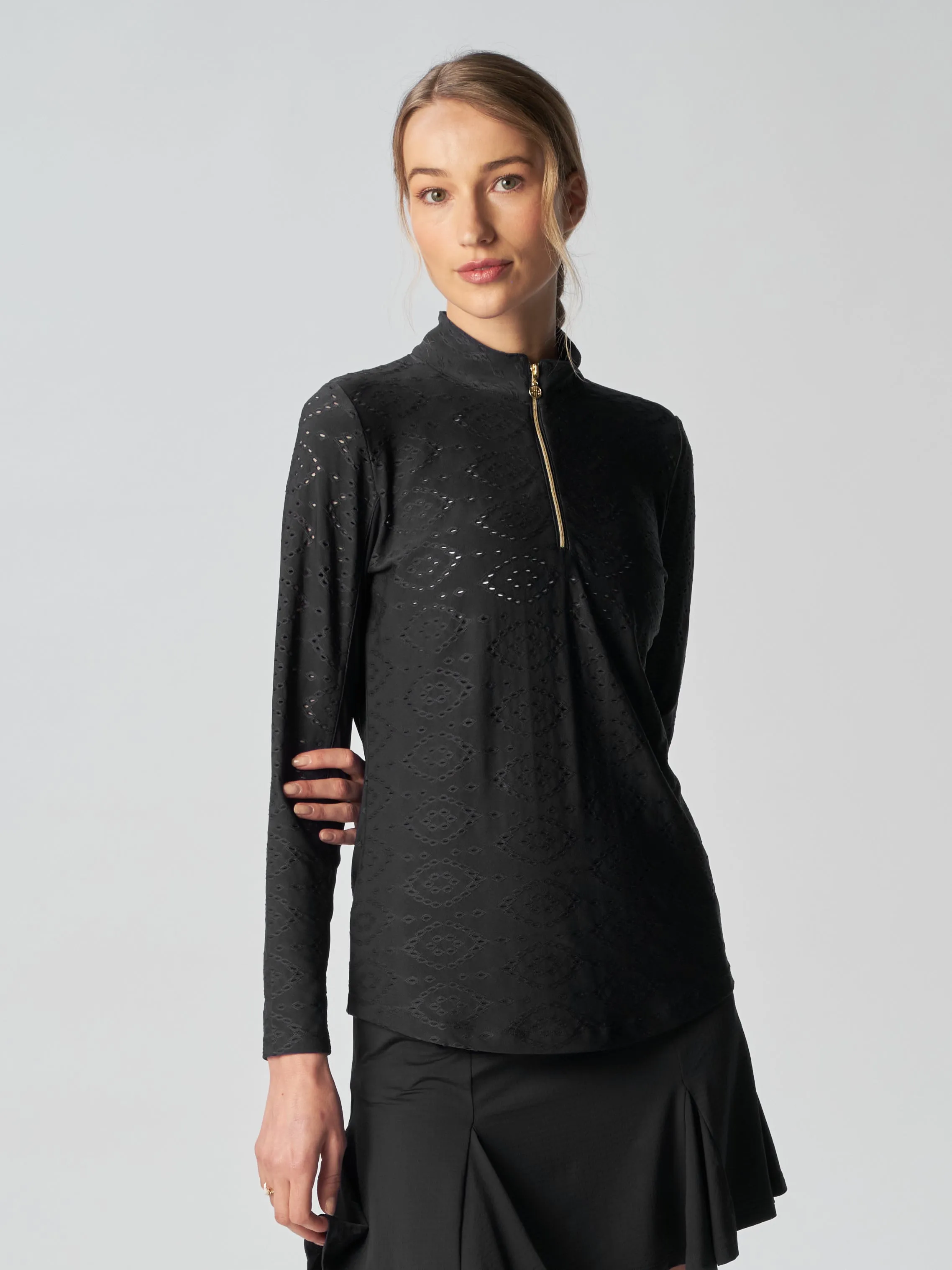 Quarter Zip Sun Protection Top In Black Eyelet