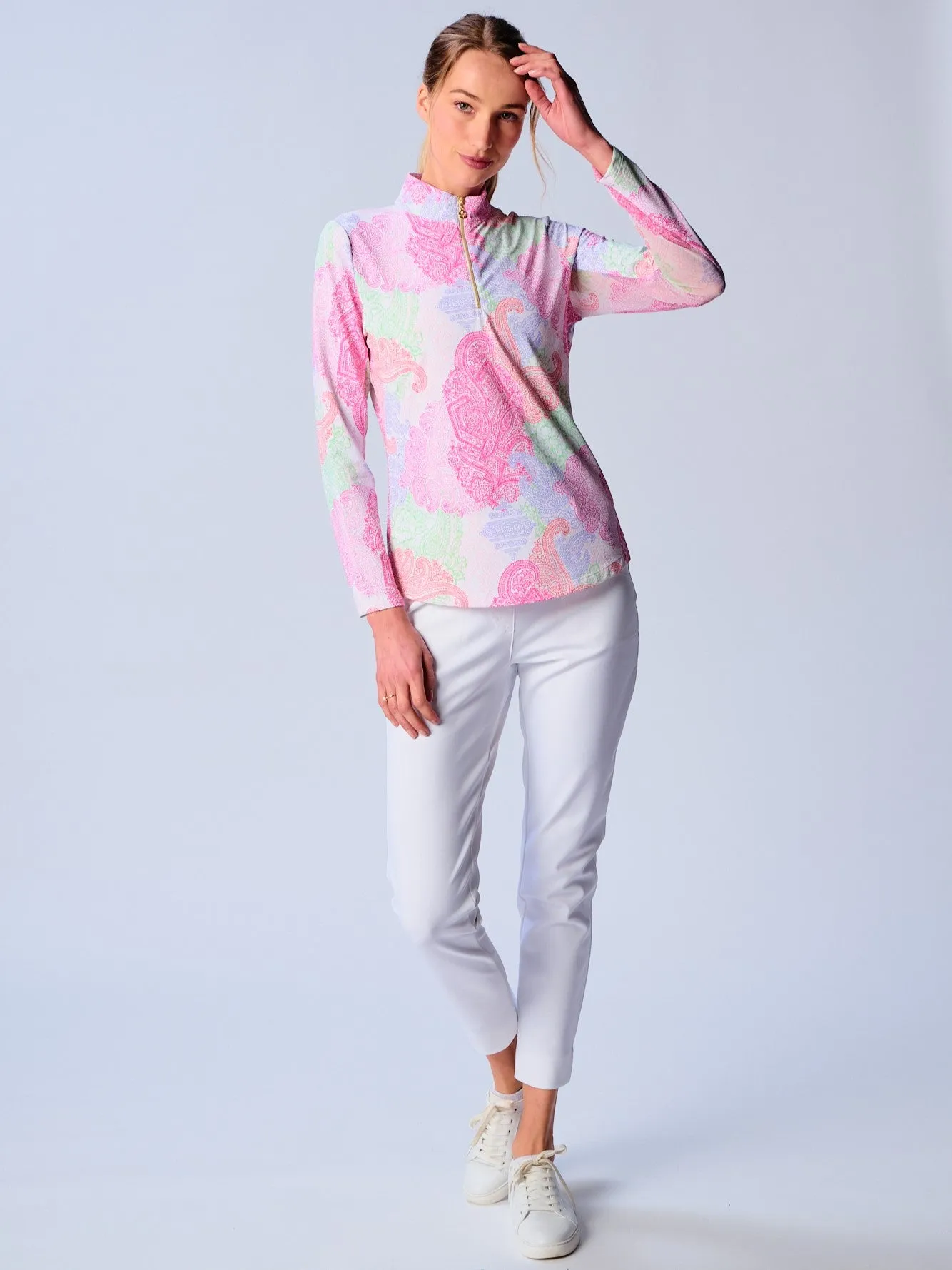 Quarter Zip Sun Protection Top In Paisley Multi