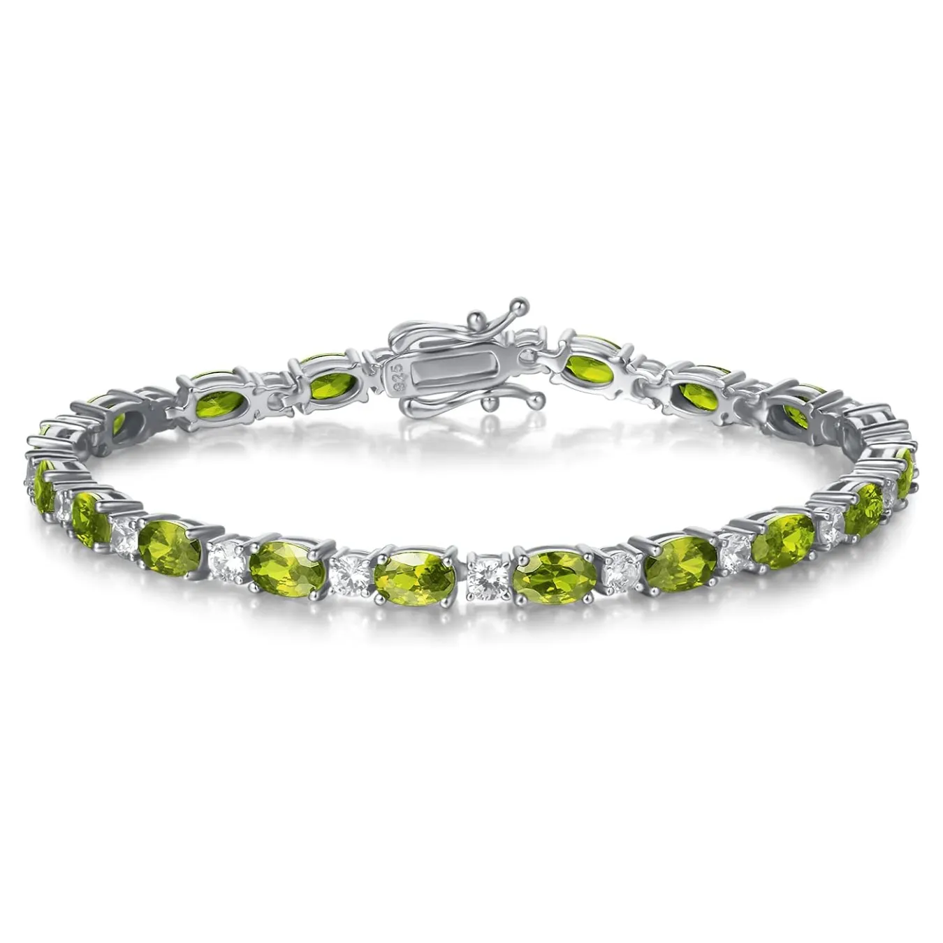 "Glamour Radiance" August Birthstone Fancy Cut Tennis Peridot Sterling Silver Bracelet