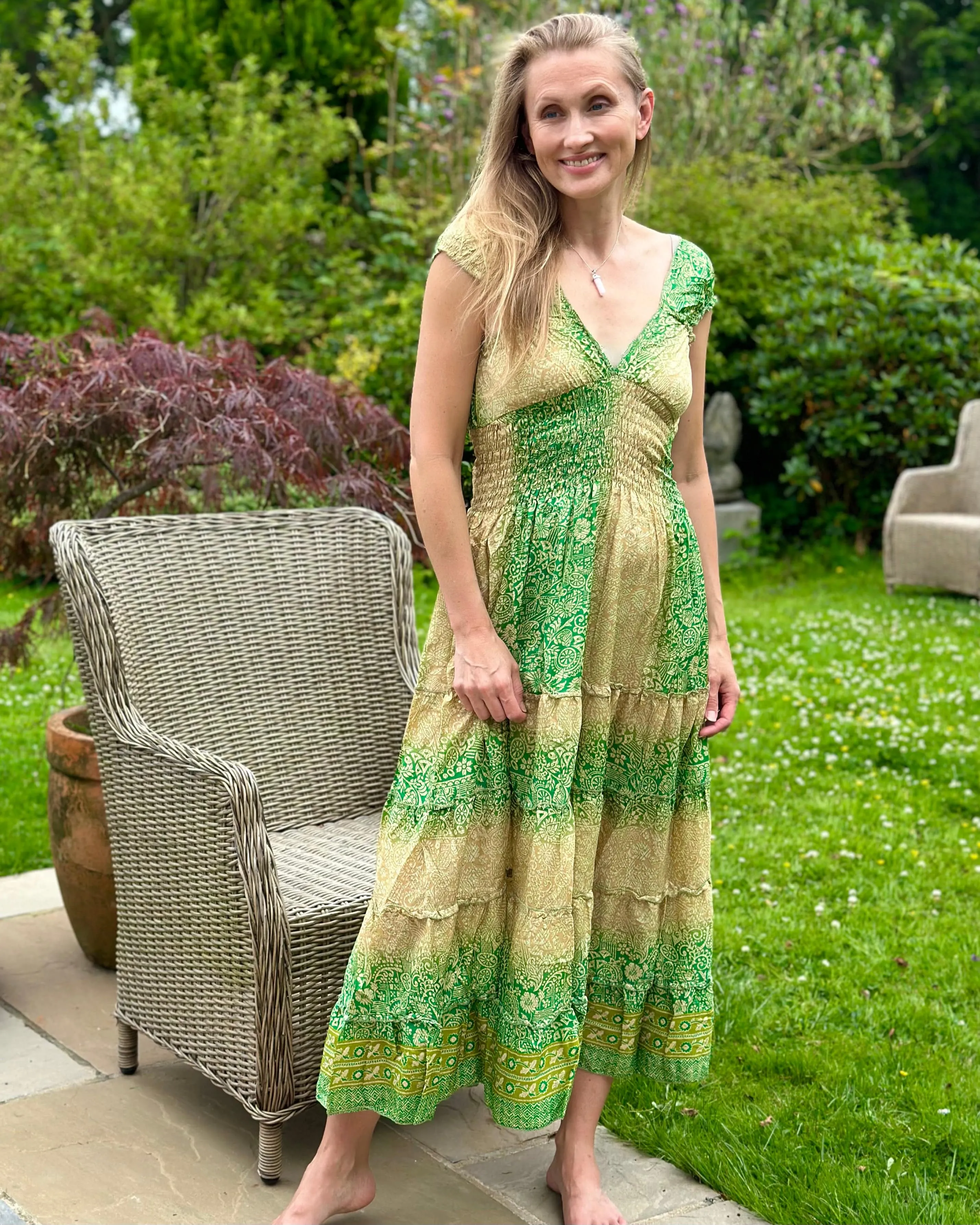 Ruched Silk Sari Dress - Green/Gold