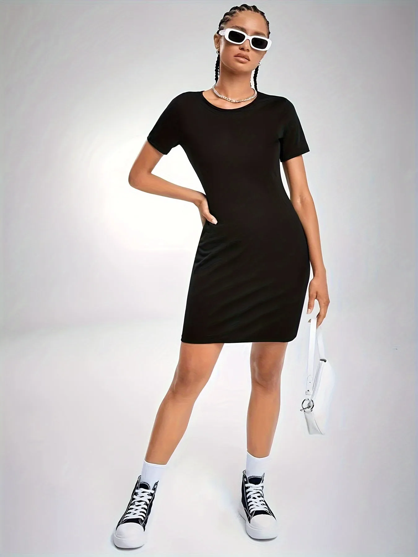 Solid Color Sports Versatile Dress Short Sleeve Round Neck