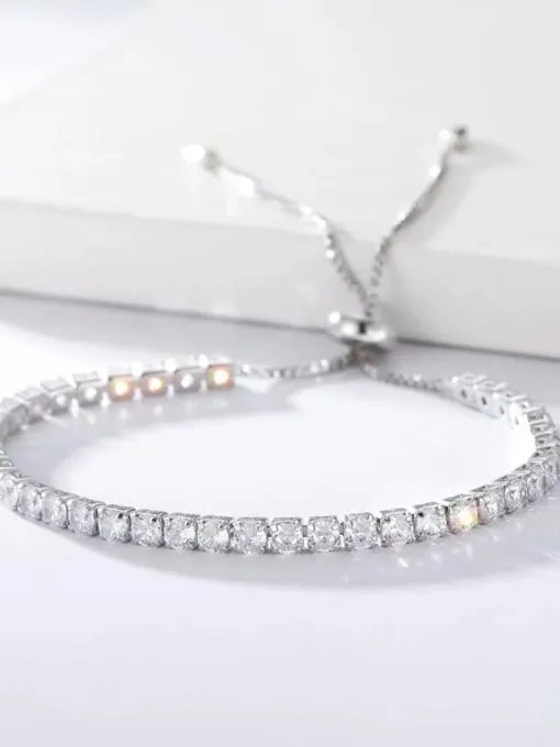 Sporty Tennis Silver Bracelet, .925 Sterling Silver Diamond Cubic Zirconia Adjustable Pull Casual Gold Tennis Bracelet