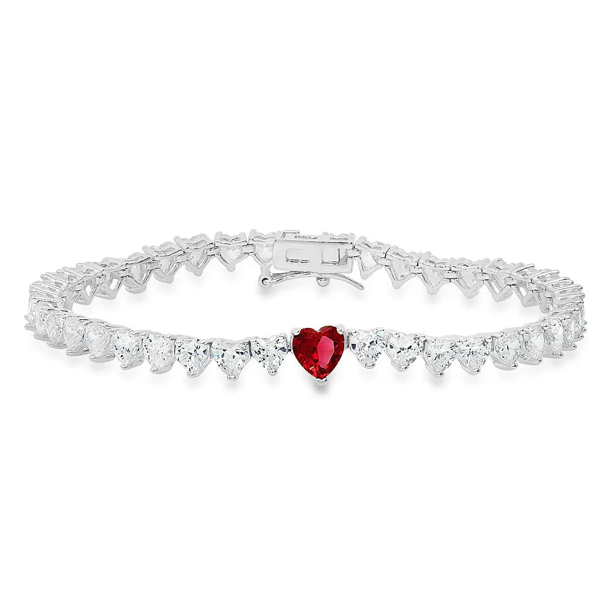 Sterling Silver 7.25" Ruby CZ Heart-cut CZ Tennis Bracelet