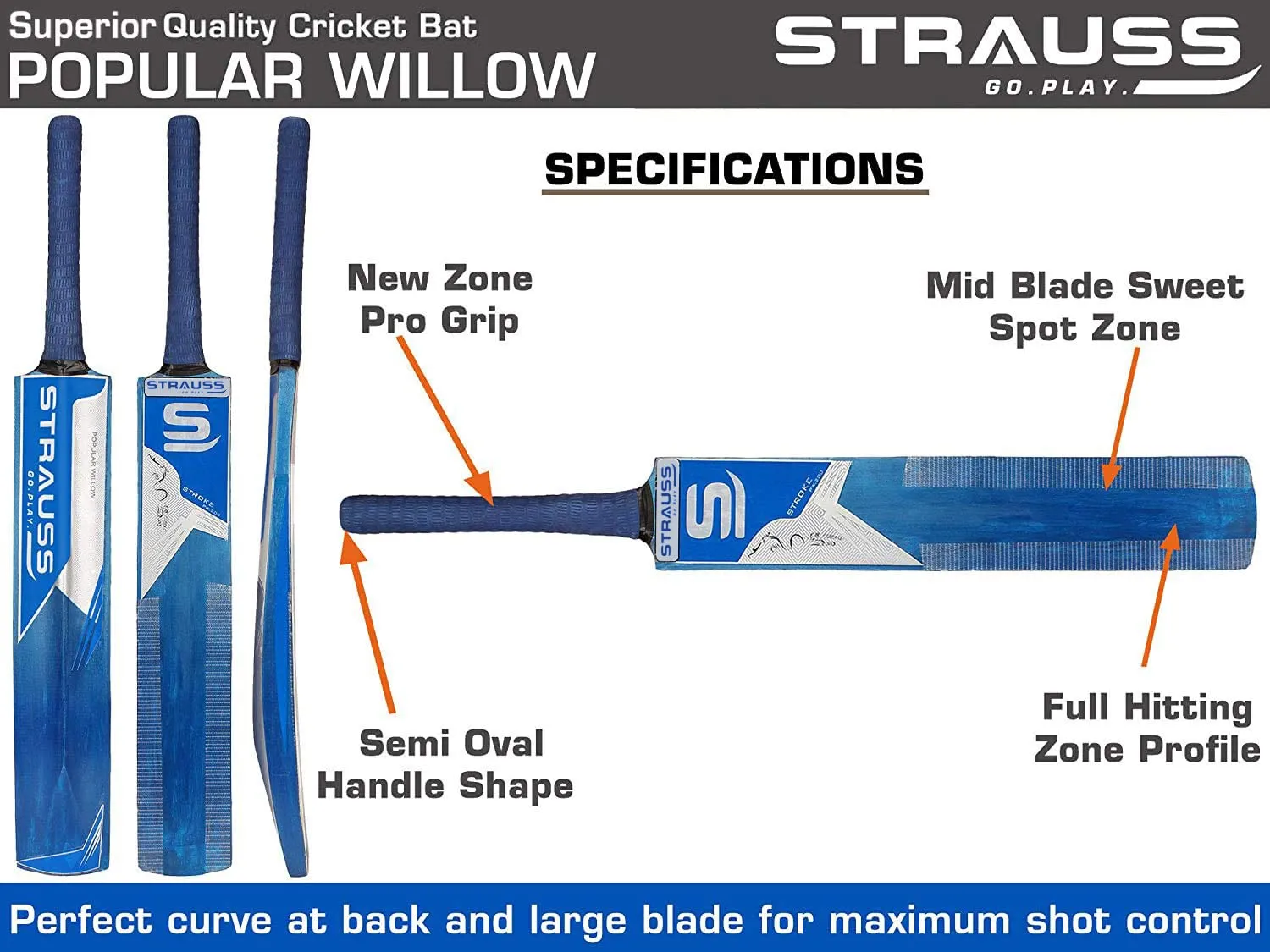 Strauss Cricket Bat | Edition: PW-200 | Popular Willow | Size: 5 | Color: Dark Blue | Tennis Cricket Bat | for Boys