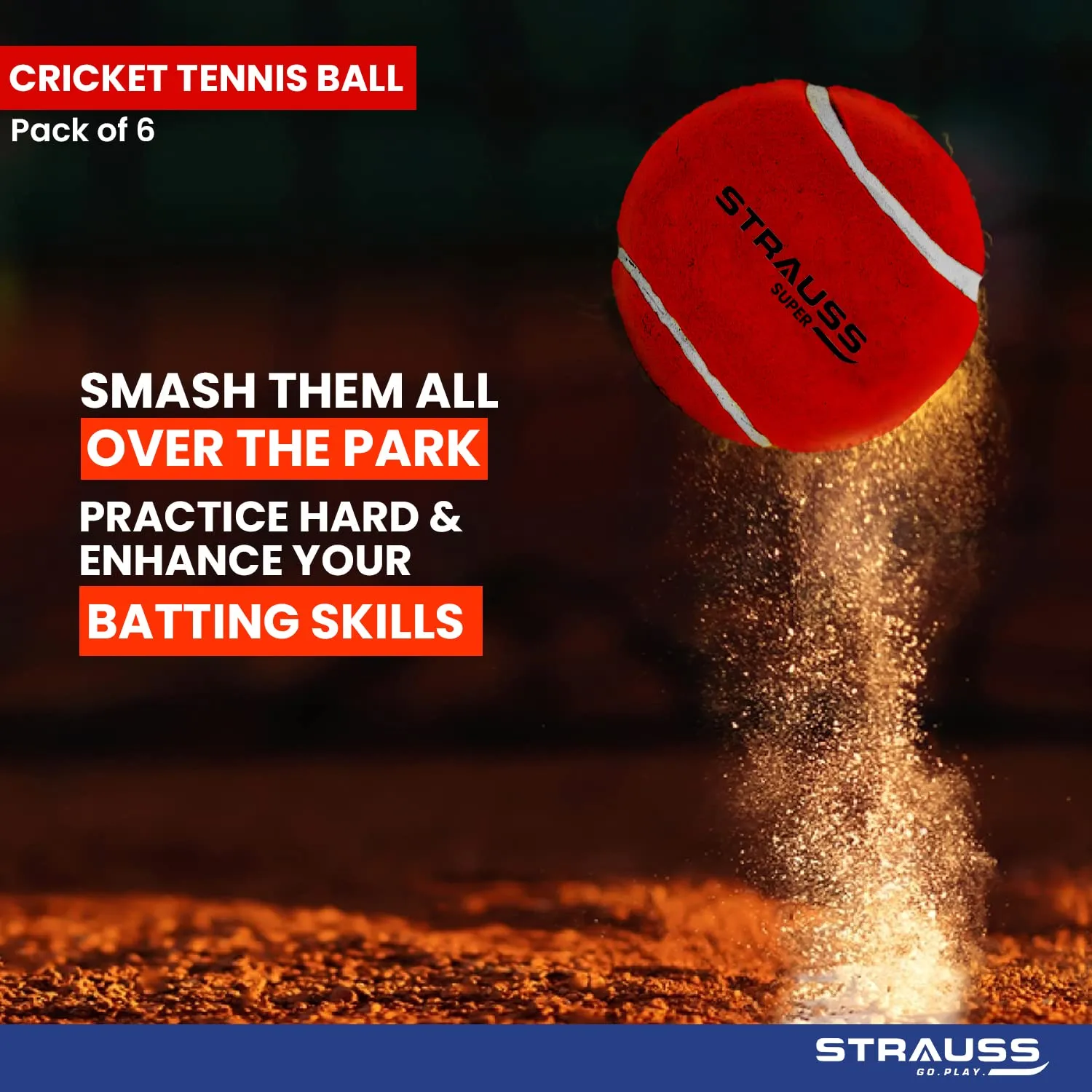 STRAUSS Cricket Tennis Balls | Mid Weight (Hard) | Pack of 6 | Color: Red | for Street, Lawn, Park, Beach & Gully Cricket | Premium Rubber Tennis Balls | for All Age Groups | Tennis Cricket Ball