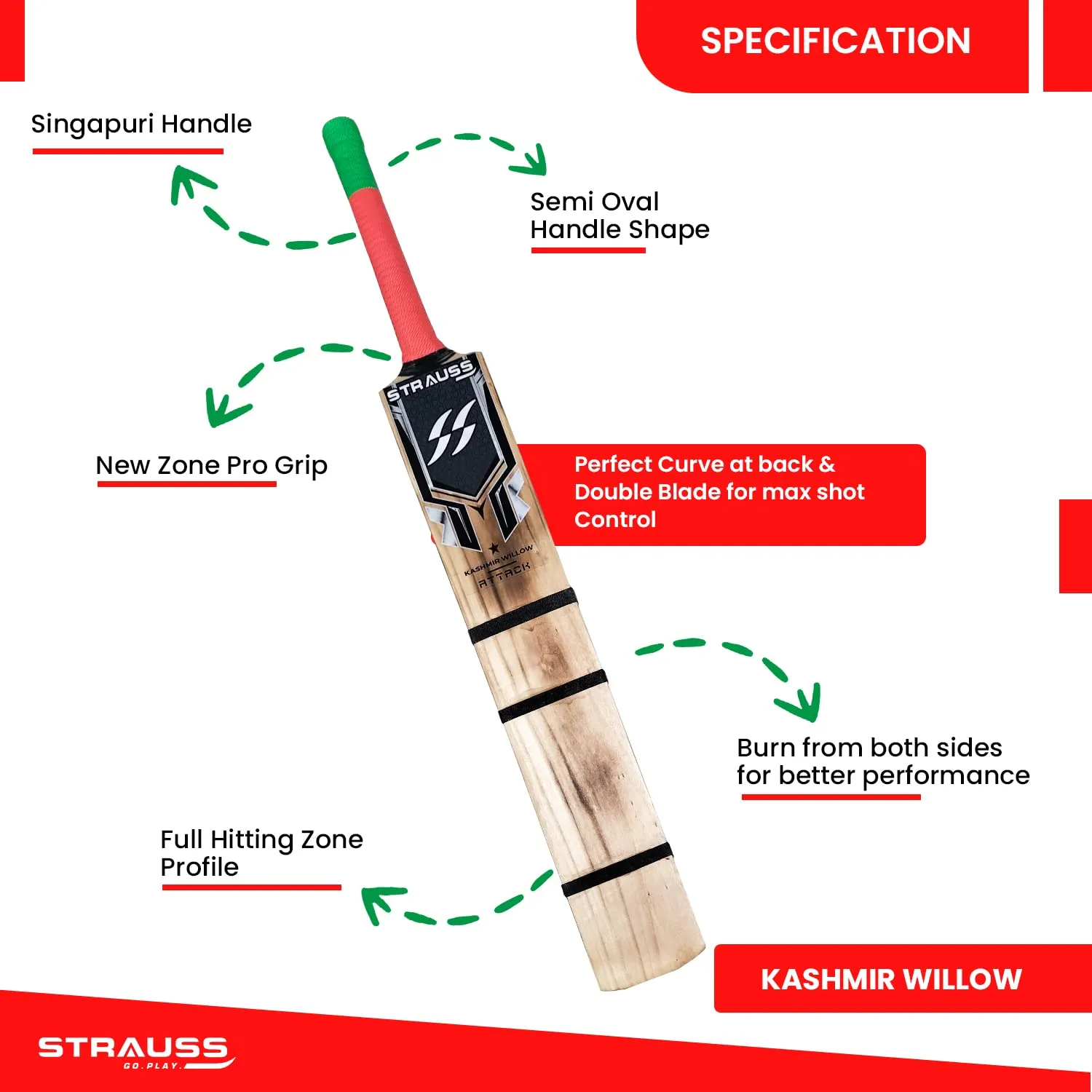 Strauss Scoop Tennis Cricket Bat | Edition: Burn Bat | Kashmir Willow | Short Handle Size | Tennis & Synthetic Ball Cricket Bat