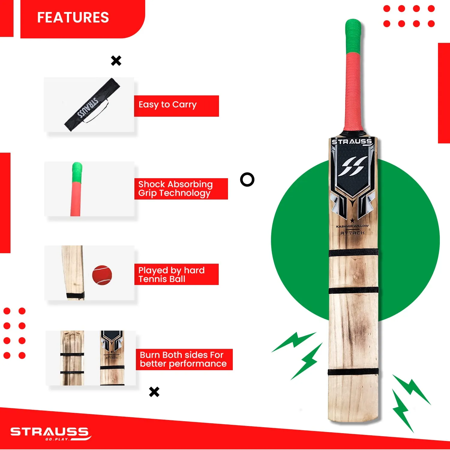 Strauss Scoop Tennis Cricket Bat | Edition: Burn Bat | Kashmir Willow | Short Handle Size | Tennis & Synthetic Ball Cricket Bat