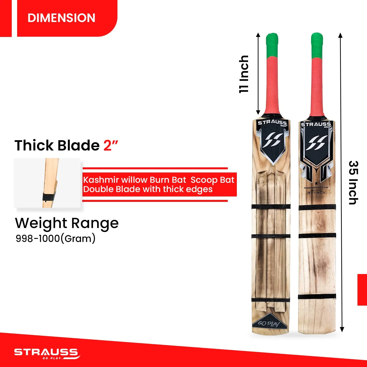 Strauss Scoop Tennis Cricket Bat | Edition: Burn Bat | Kashmir Willow | Short Handle Size | Tennis & Synthetic Ball Cricket Bat